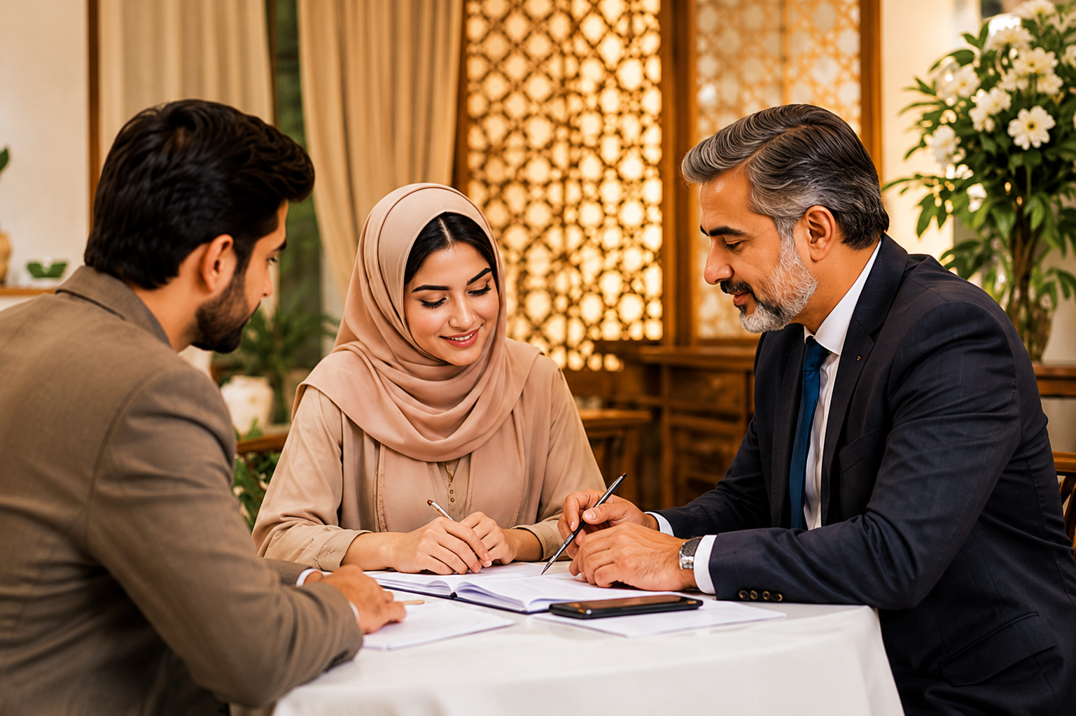 A young Pakistani couple meeting with a professional matchmaker for a private consultation